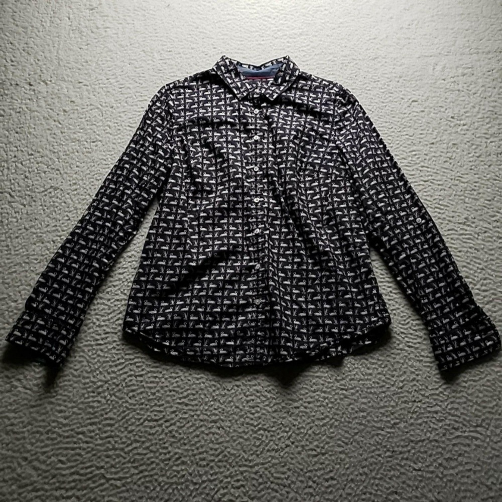 Talbots Button Up Shirt Womens 10 Blue Collared Long Sleeve Swan Print Top